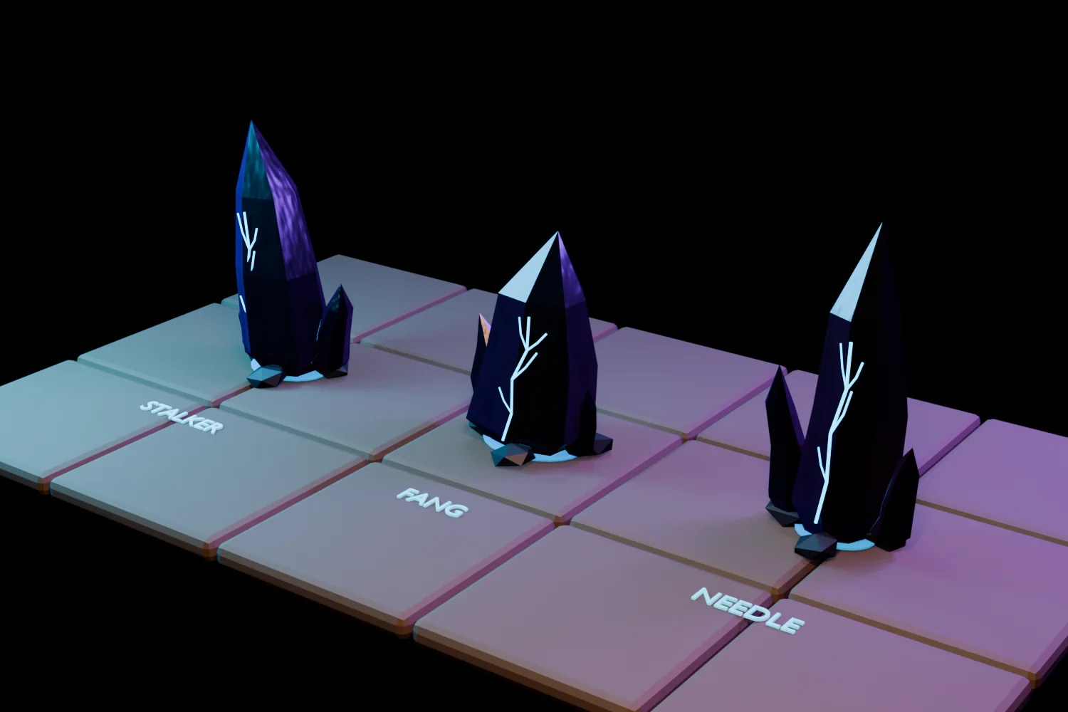 Three blue crystalline Shadow Shards glowing with cyan fissures